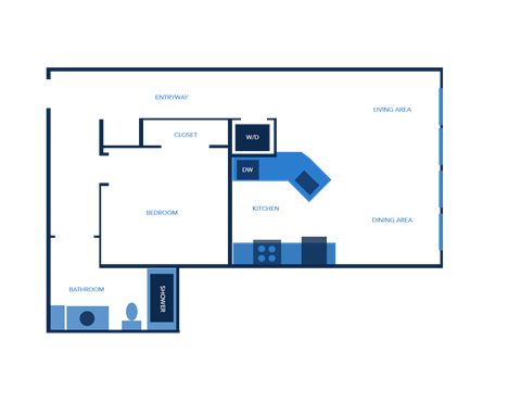 Floor plan for 1 bed, 1 bath, 779 sqft